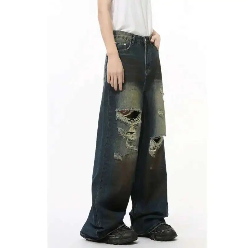 High Street Men's Denim Pants Worn-out Hole Design Contrast Color Straigh Bottom Wide Leg Loose Male Denim Spring 9C8204