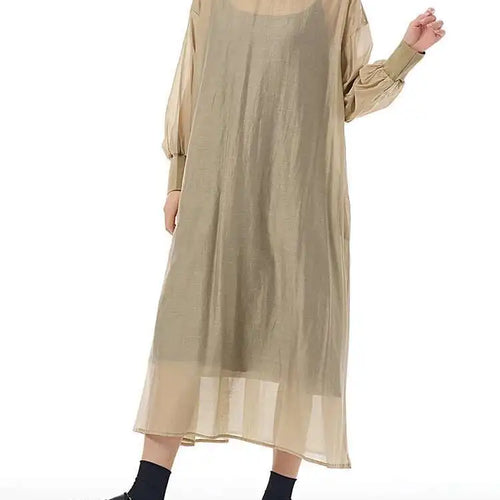 Load image into Gallery viewer, Women Khaki Mesh Perspective Big Size Thin Dress New Round Neck Long Sleeve Fashion Tide Spring Autumn 2025 1DH7412
