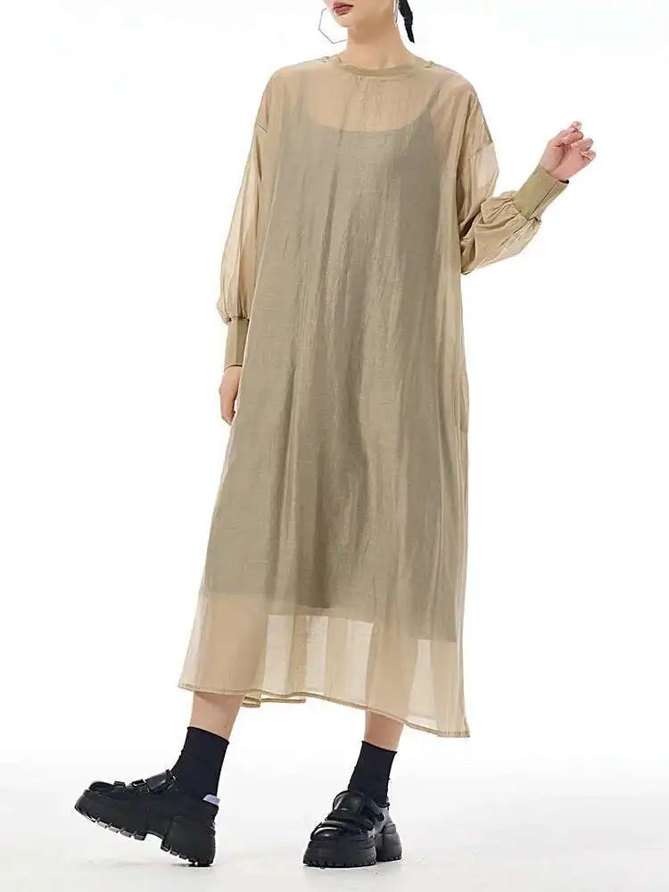 Women Khaki Mesh Perspective Big Size Thin Dress New Round Neck Long Sleeve Fashion Tide Spring Autumn 2025 1DH7412