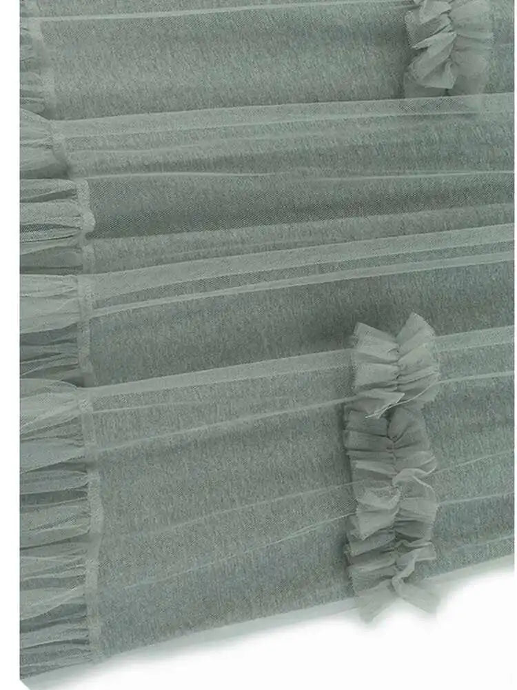 Women Black Mesh Ruffles Spliced Big Size Midi Dress New Round Neck Long Sleeve Fashion Tide Spring Autumn 2025 1DH7180