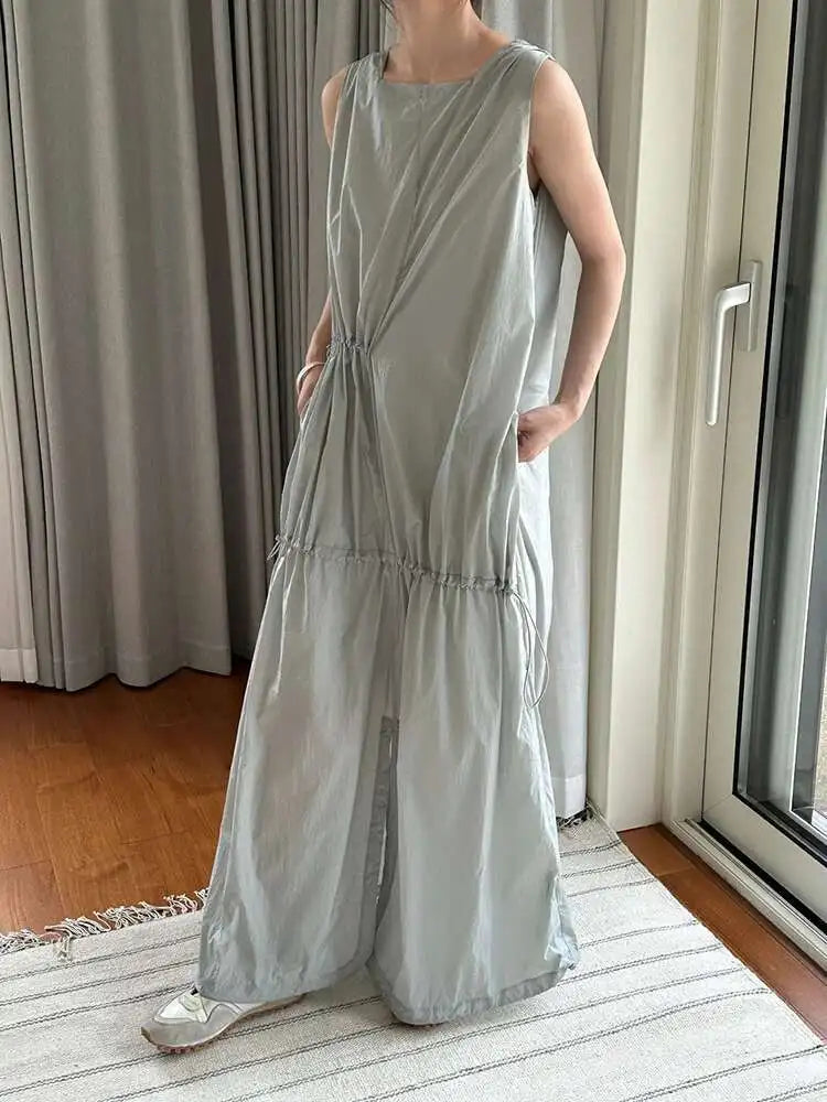 Women White Gray Big Size Long Elegant Thin Dress New Square Collar Sleeveless Fashion Tide Spring Summer 2025 1DH6054