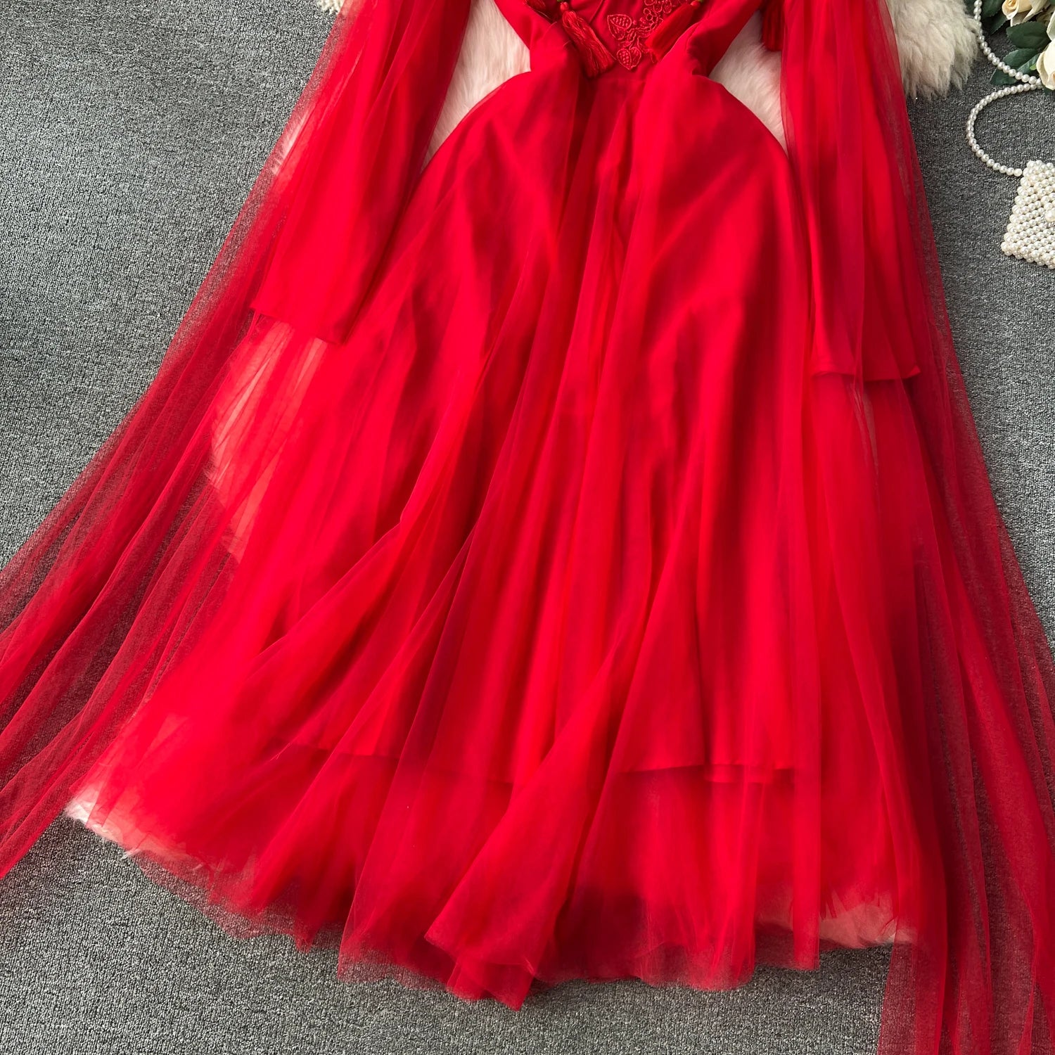 Autumn Red Elegant V-neck Sleeveless Embroidery Tassel Mesh Prom Long Dress Women Vacation Water Sleeve Evening Dresses Vintage