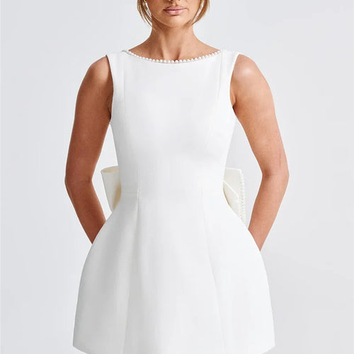 Load image into Gallery viewer, Pearl Bow Backless Sexy Mini Dress For Women Robe Fashion Zipper Sleeveless High Waist A-line Club Party Dress Elegant

