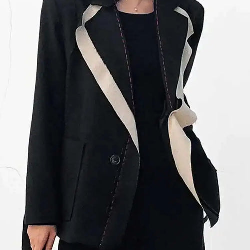 Load image into Gallery viewer, Women Black Contrast Color Burr Blazer New Lapel Long Sleeve Loose Fit  Jacket Fashion Tide Spring Autumn 2025 1W519
