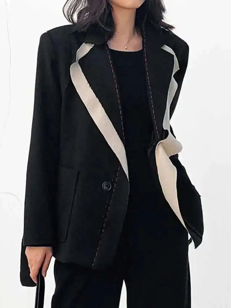 Women Black Contrast Color Burr Blazer New Lapel Long Sleeve Loose Fit  Jacket Fashion Tide Spring Autumn 2025 1W519