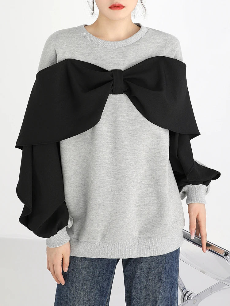 Patchwork Bowkont Sweatshirts For Women Round Neck Long Sleeve Design Casual Loose Sweatshirt Female 2023 Autumn