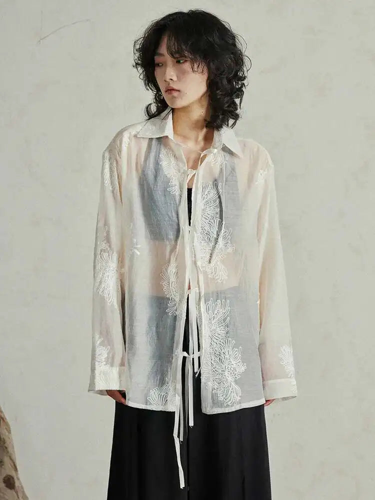 Women Black Printed Perspective Big Size Thin Blouse New Lapel Long Sleeve Shirt Fashion Tide Spring Autumn 2025 1DH4976