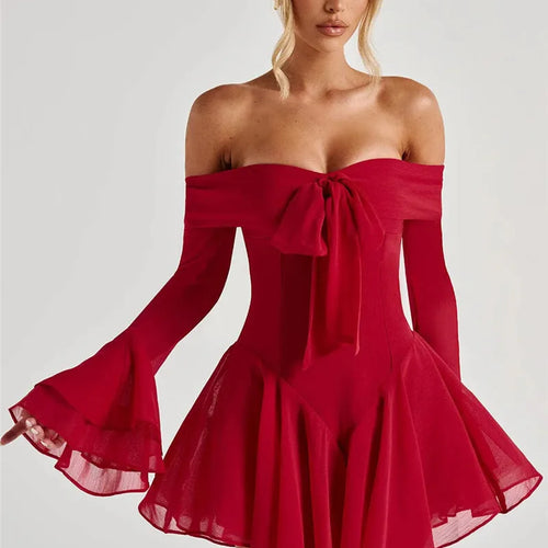 Load image into Gallery viewer, Strapless Long Flare Sleeve Sexy Mini Dress For Women Robe Off-shoulder Backless High Waist A-line Club Party Dress
