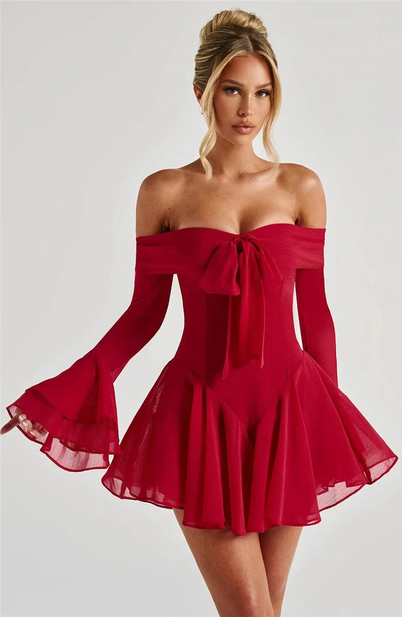Strapless Long Flare Sleeve Sexy Mini Dress For Women Robe Off-shoulder Backless High Waist A-line Club Party Dress