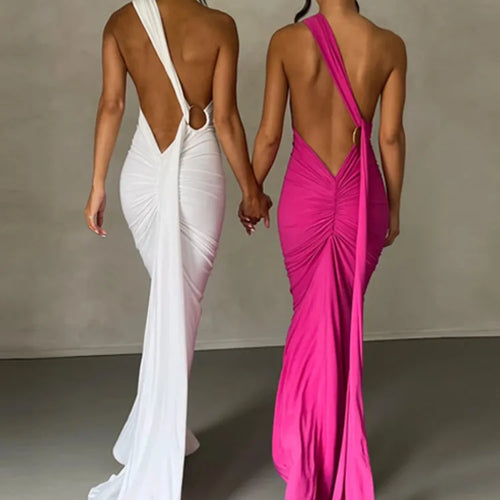 Load image into Gallery viewer, Oblique Shoulder Backless Maxi Dress For Women Gown Summer Back Strap Sleeveless Ruched Party Sexy Long Dress Vestidos
