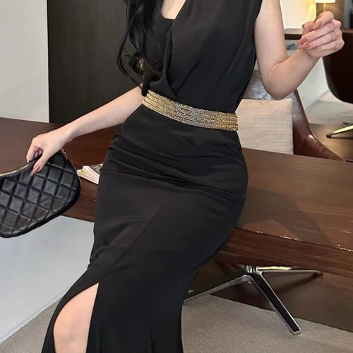 Load image into Gallery viewer, Solid Temperament Two Piece Set For Women V Neck Sleeveless Top High Waist Slimming Skirt Elegant Sets Female New
