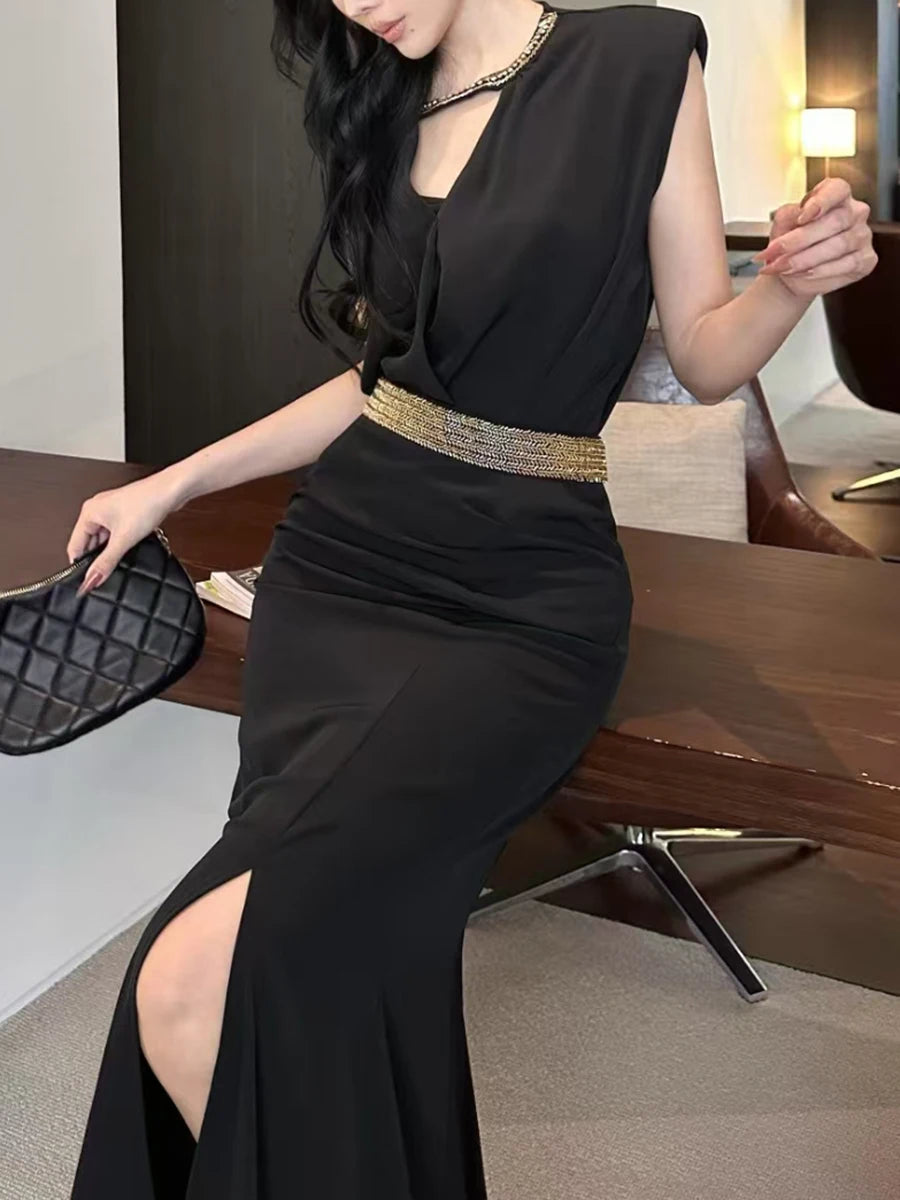 Solid Temperament Two Piece Set For Women V Neck Sleeveless Top High Waist Slimming Skirt Elegant Sets Female New