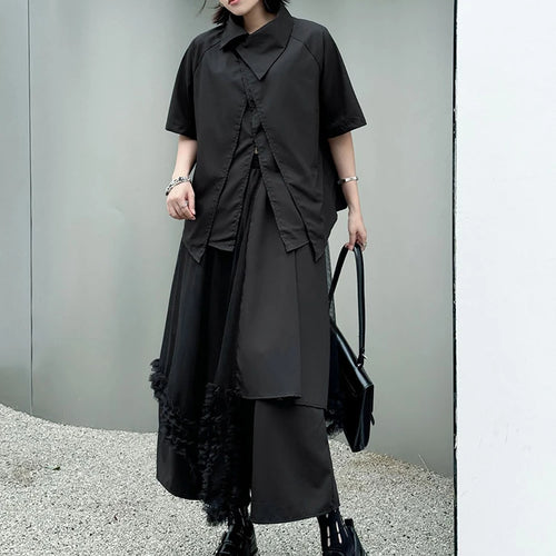 Load image into Gallery viewer, Big Size Black Irregular Shirt Mesh Pants Two Piece Suit New Lapel Short Sleeve Women Fashion Spring Summer 2025 1DJ1371
