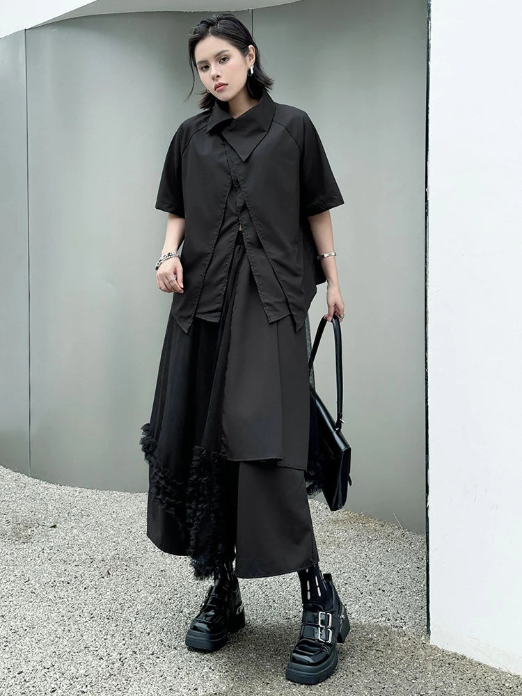 Big Size Black Irregular Shirt Mesh Pants Two Piece Suit New Lapel Short Sleeve Women Fashion Spring Summer 2025 1DJ1371