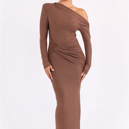 Load image into Gallery viewer, Sparkle Long Sleeve Sexy Maxi Dress For Women Inclined Shoulder Backless Bodycon Ruched Club Party Sexy Long Dress

