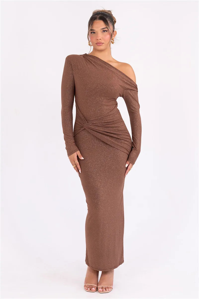 Sparkle Long Sleeve Sexy Maxi Dress For Women Inclined Shoulder Backless Bodycon Ruched Club Party Sexy Long Dress