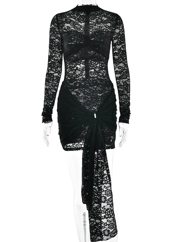 Sexy Slim Lace Women's Dress Long Sleeved Lace Up Bodycon Party Club Evening Dress Elegant Winter New Tight Vestido 2025