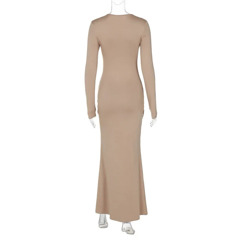 Long Sleeve Ruched Sexy Maxi Dress For Women Autumn New Fashion Solid O Neck Bodycon Long Dress Elegant Clubwear