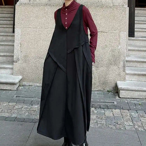 Load image into Gallery viewer, Women Black Irregular Spliced Big Size Long Strap Dress New V-Neck Sleeveless Fashion Tide Spring Autumn 2025 1DH7700
