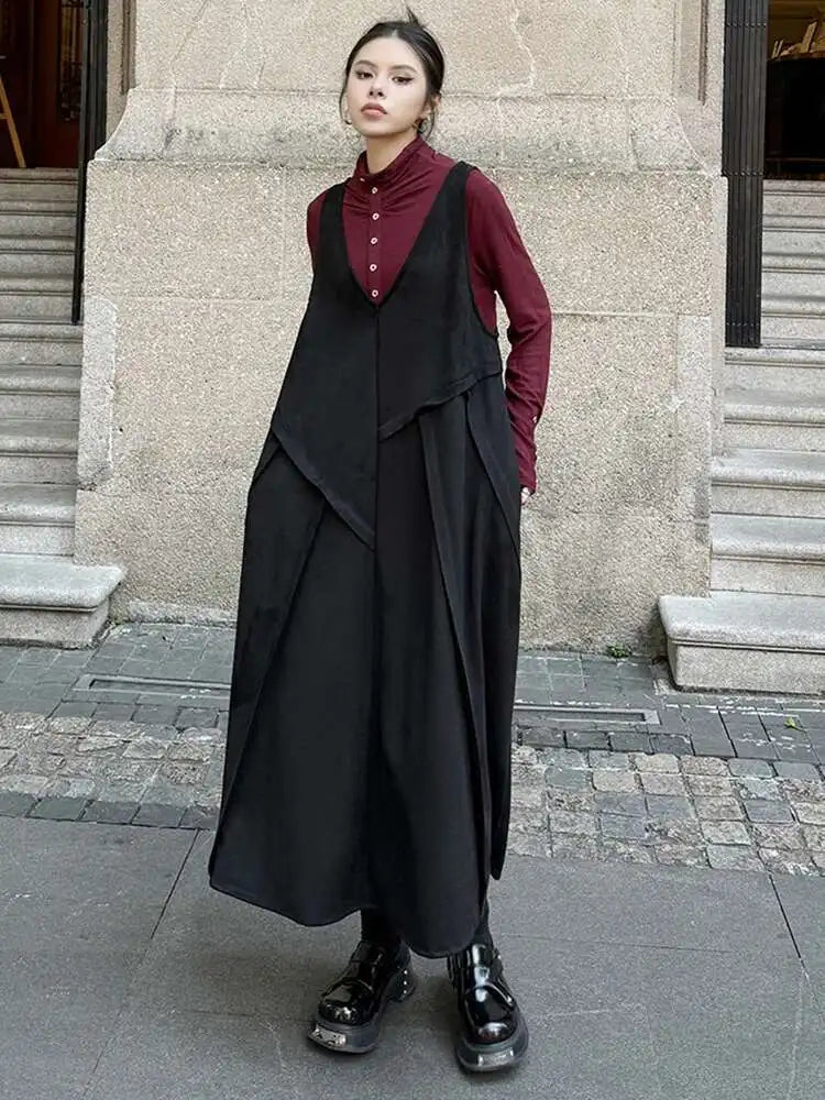 Women Black Irregular Spliced Big Size Long Strap Dress New V-Neck Sleeveless Fashion Tide Spring Autumn 2025 1DH7700
