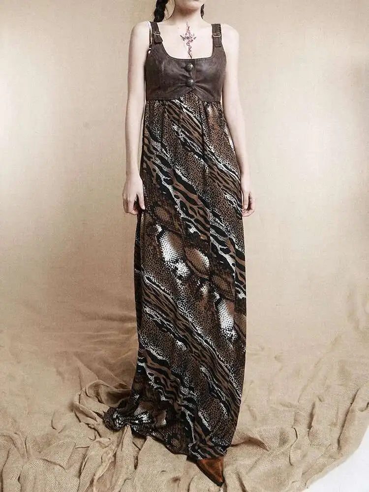 Women Coffee Leopard Printed Long Spaghetti Strap Dress New Square Collar Sleeveless Fashion Spring Autumn 2025 1DH8446