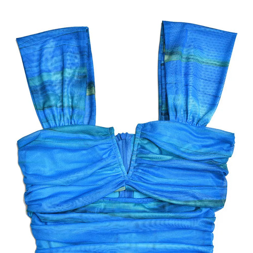 Load image into Gallery viewer, Striped Backless Ruched Midi Dress Women Two Layer Mesh Spaghetti Strap Sleeveless Bodycon Sexy Print Fishtail Dress
