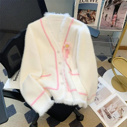 Load image into Gallery viewer, Autumn Winter Pink Blue Patchwork Elegant Button Knit Cardigan Tops Women Korean Fashion V-neck High Street Long Sleeve Sweater
