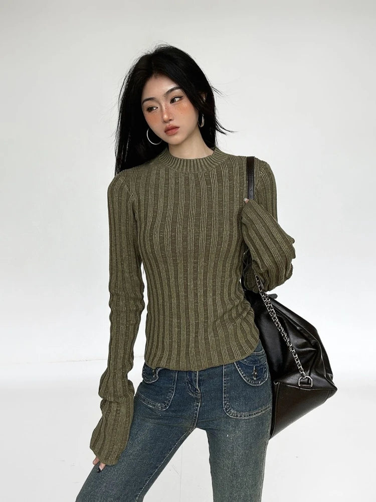 Women Y2k Aesthetic Slim Knitwear Sweet Sweaters 2025 Vintage Solid Streetwear Jumpers Screw Thread Grunge Harajuku Pullovers