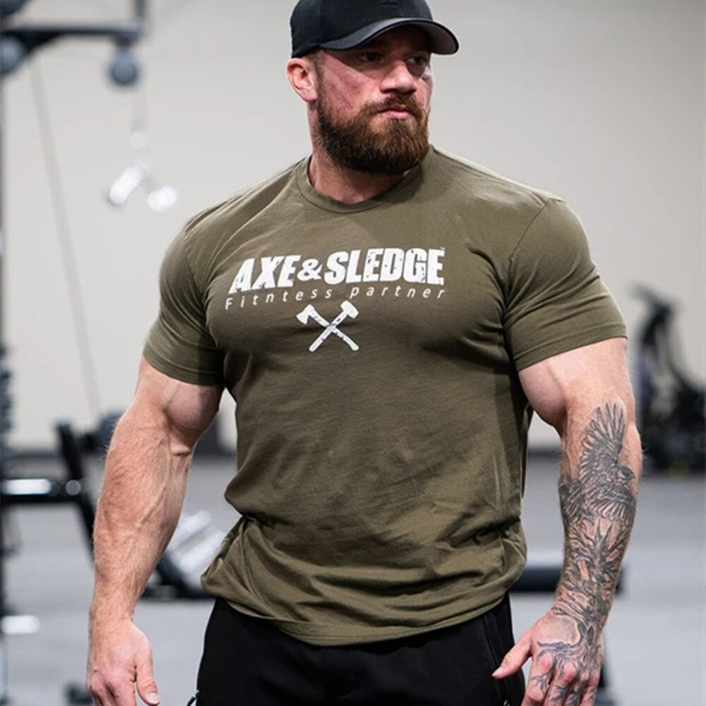 Cotton Casual T-shirt Men Short Sleeve Black Tees Male Gym Fitness Tops Summer Bodybuilding Sport Crossfit Training Clothing