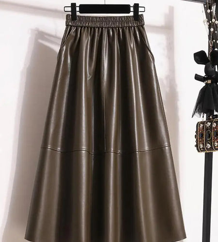 Fashion Black Elegant Pu Leather Pleated Long Skirt Women's Brown Elegant High Waist Plus Size A-line Party Skirt Femme New