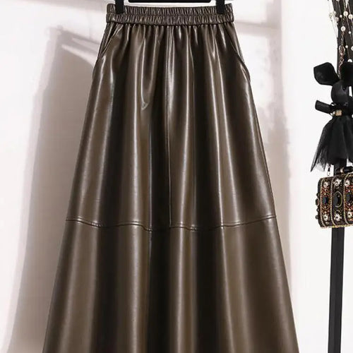 Load image into Gallery viewer, Fashion Black Elegant Pu Leather Pleated Long Skirt Women&#39;s Brown Elegant High Waist Plus Size A-line Party Skirt Femme New

