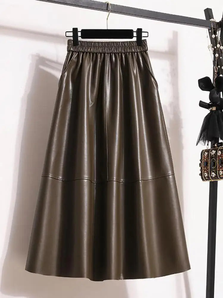 Fashion Black Elegant Pu Leather Pleated Long Skirt Women's Brown Elegant High Waist Plus Size A-line Party Skirt Femme New