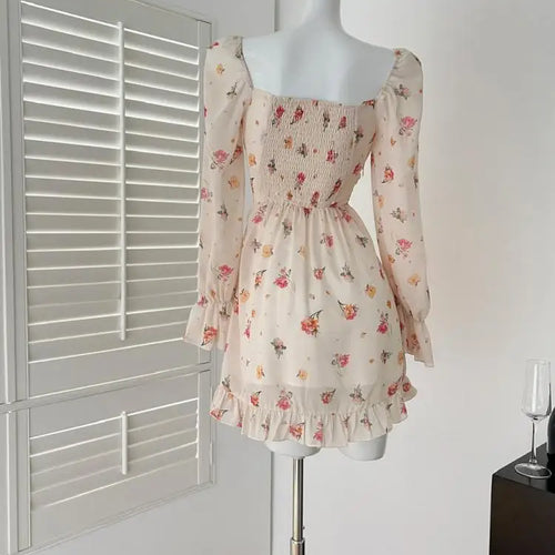 Load image into Gallery viewer, Spring Vintage Beige Floral Long Sleeved Party Short Dress Women Square Neck Elegant Vacation Backless Ruffles Dresses 2025 Chic
