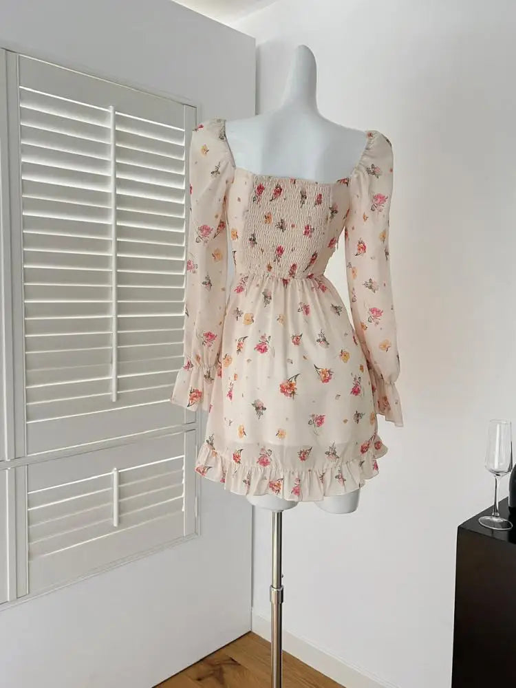 Spring Vintage Beige Floral Long Sleeved Party Short Dress Women Square Neck Elegant Vacation Backless Ruffles Dresses 2025 Chic