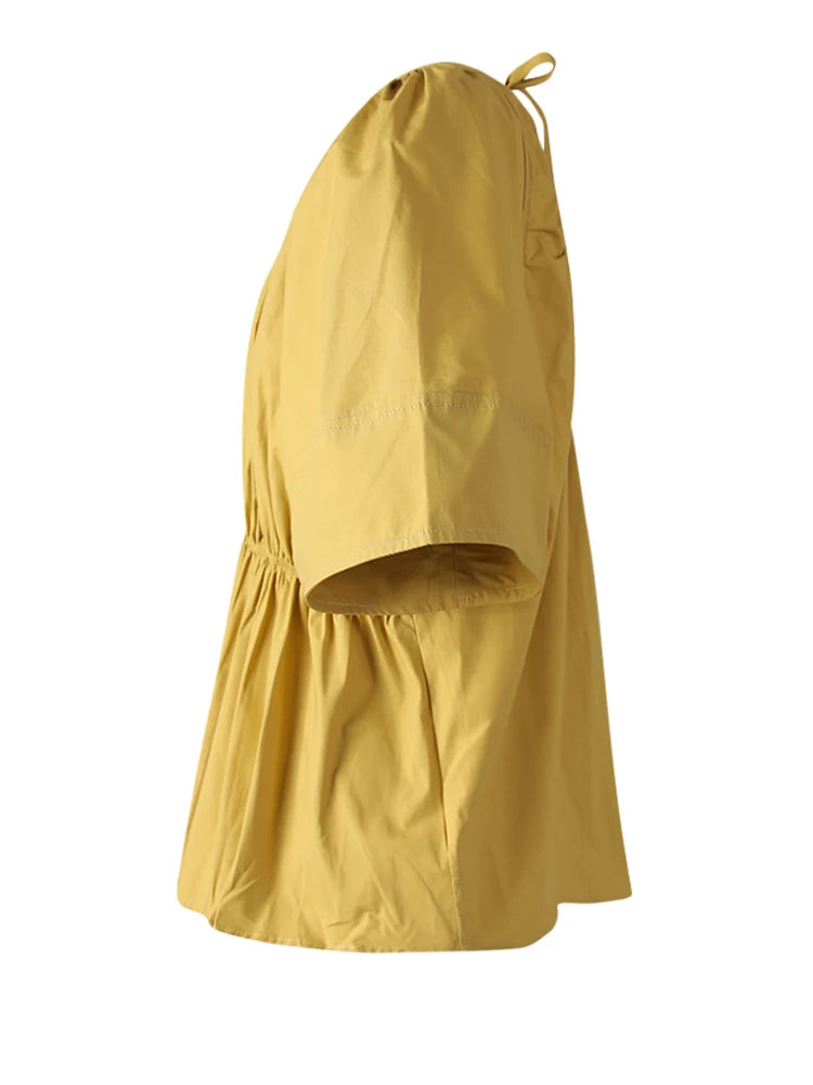 Women Yellow Backless Bandage Big Size Blouse New Round Neck Short Sleeve Shirt Fashion Tide Spring Summer 2025 CPG3248