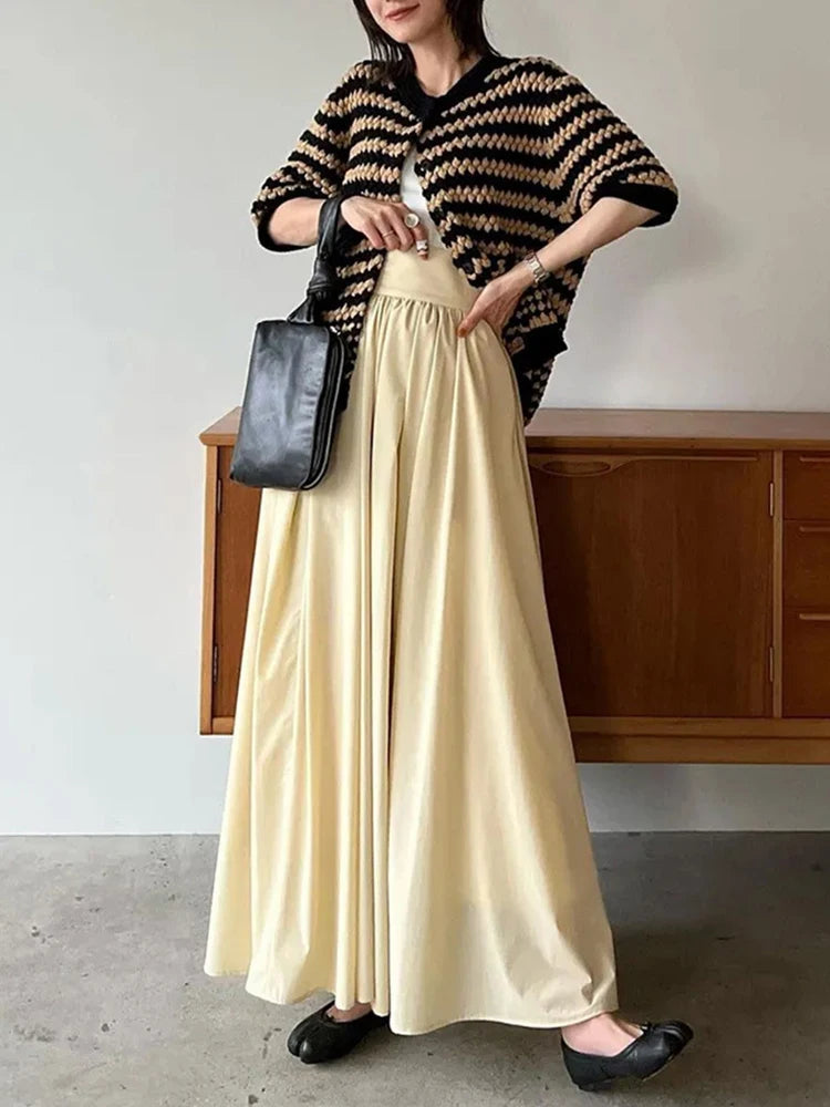 Patchwork Folds Skirts For Women High Waist Casual Loose Solid A Line Skirt Spring Female Fashion Clothing