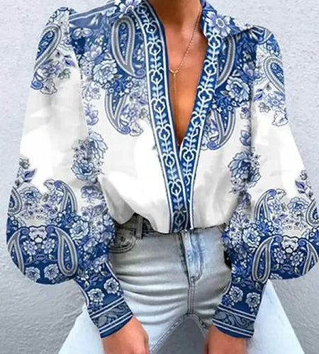 Women's Vintage Blouses Shirts Blue Floral Printed Lapel Summer Elegant Puff Sleeves Casual Office Shirts Tops