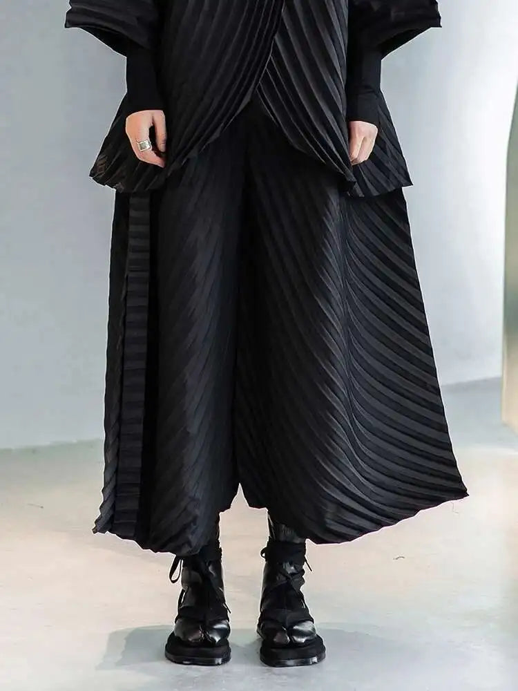 Wide Leg Pants Pleated Two Piece Suit New Turtleneck Long Sleeve Black Loose Fit Women Fashion Spring Autumn 2025 1DE3064