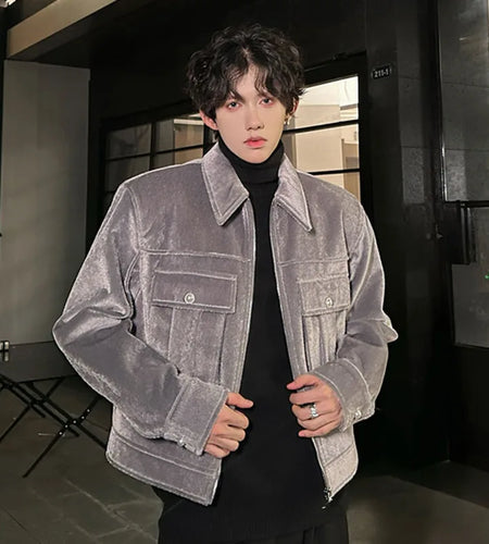Three Dimensional Pocket Jacket Men's Turn-down Collar Niche Design Solid Color Stylish Men Clothing Male Winter 9C9034