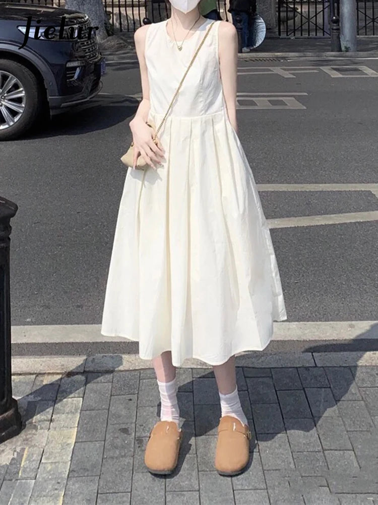 White Sleeveless Simple Female Tank Dresses Solid Color O-neck Casual Sweet Summer Women's Dresses Elegant Office Ladies