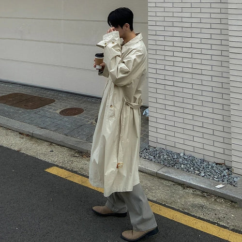 Load image into Gallery viewer, Korean Style Men&#39;s Windbreaker Turn-down Collar Casaul Lace-up Overknee Single Breasted Solid Color Male Long Trench 9C7632
