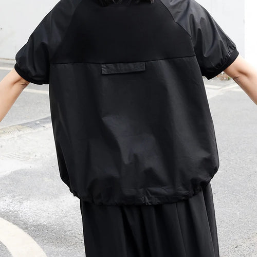 Load image into Gallery viewer, Women Black Spliced Brief Big Size Casual T-shirt New Round Neck Short Sleeve Fashion Tide Spring Summer 2025 1DJ0803
