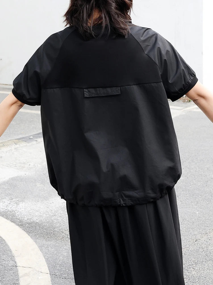 Women Black Spliced Brief Big Size Casual T-shirt New Round Neck Short Sleeve Fashion Tide Spring Summer 2025 1DJ0803