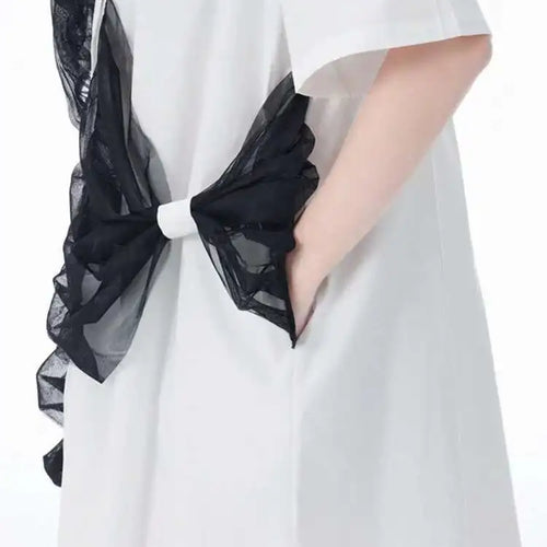 Load image into Gallery viewer, Women White Mesh Bow Color-block Big Size Shirt Dress New Lapel Short Sleeve Fashion Tide Spring Summer 2025 1DJ0048
