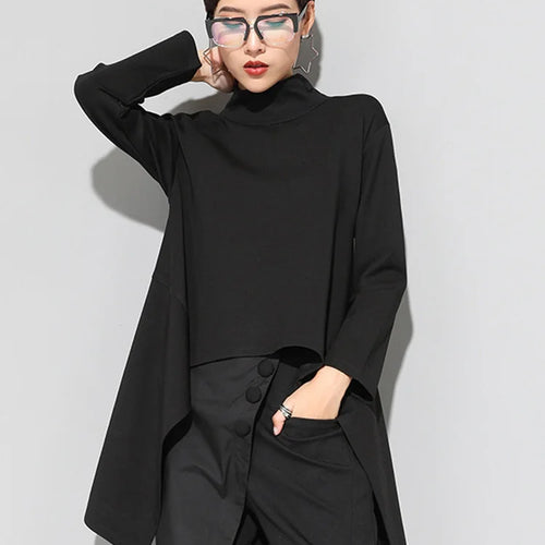 Load image into Gallery viewer, Women Black Irregular Hem Back Long Casual T-shirt New Turtleneck Long Sleeve Fashion Tide Spring Autumn 2025 1DF4653

