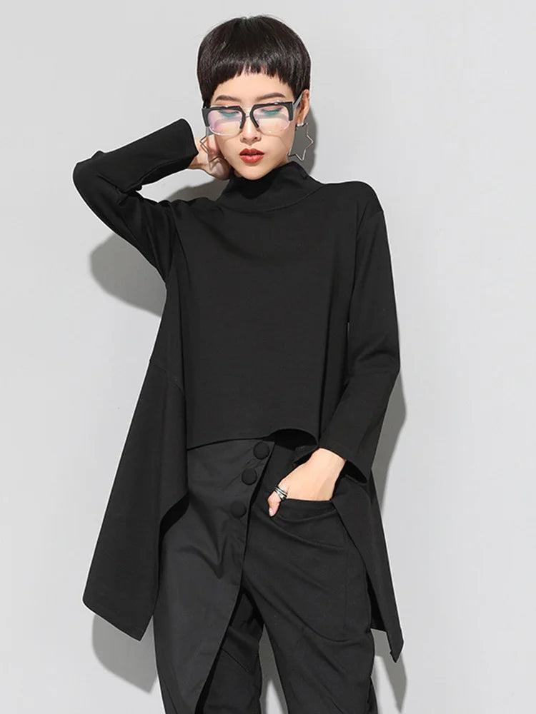 Women Black Irregular Hem Back Long Casual T-shirt New Turtleneck Long Sleeve Fashion Tide Spring Autumn 2025 1DF4653