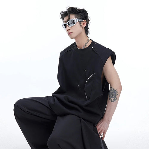 Load image into Gallery viewer, Men&#39;s Vest Three-dimensional Pocket Shoulder Pads Loose Round Collar Sleeveless Male Clothing Niche Design summer 9C675
