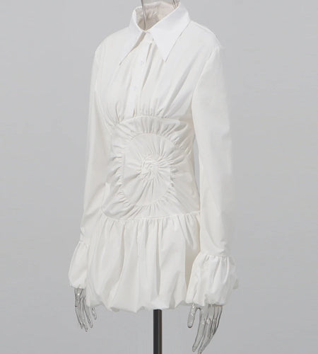 White Fold Design Dress Female Lapel Long Sleeve High Waist Slim Mini Flower Bud Dresses For Women Autumn New 2025
