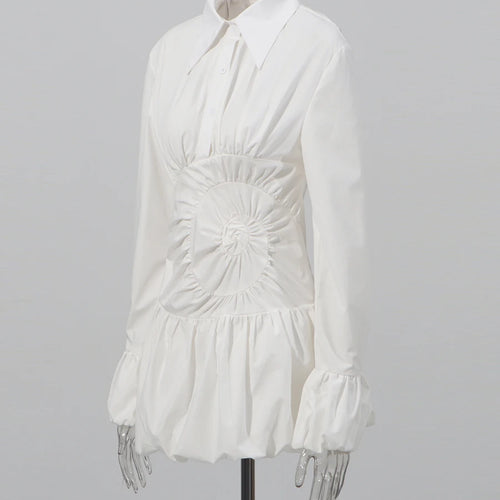 Load image into Gallery viewer, White Fold Design Dress Female Lapel Long Sleeve High Waist Slim Mini Flower Bud Dresses For Women Autumn New 2025
