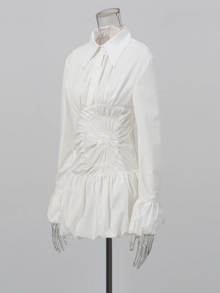 White Fold Design Dress Female Lapel Long Sleeve High Waist Slim Mini Flower Bud Dresses For Women Autumn New 2025